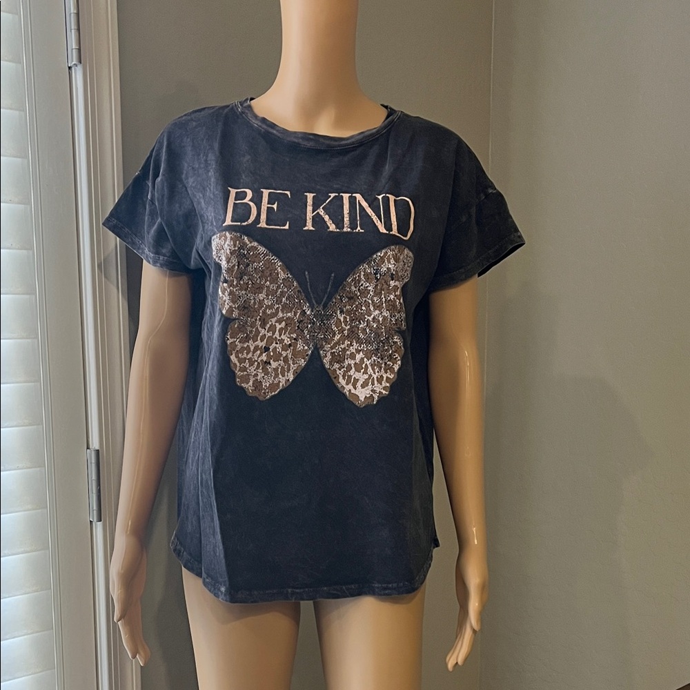 Black 'Be Kind' T-Shirt with Butterfly Design S